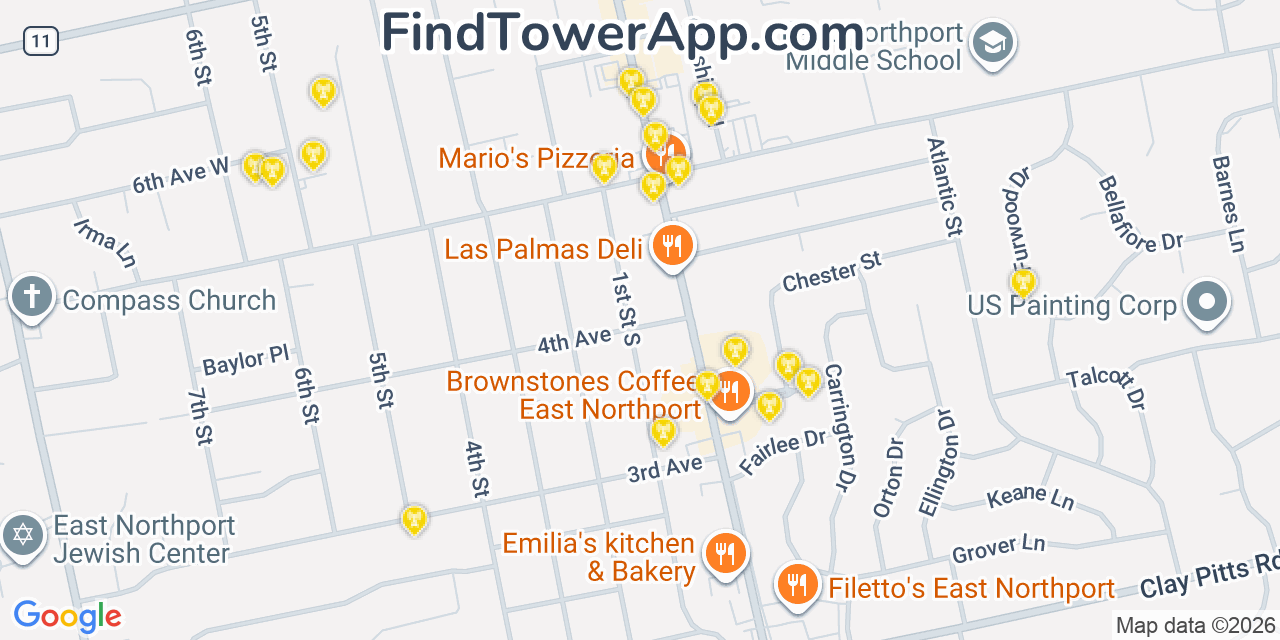 Map showing the 20 primary cell tower locations detected in East Northport, New York from AT&T, Verizon, and T-Mobile networks