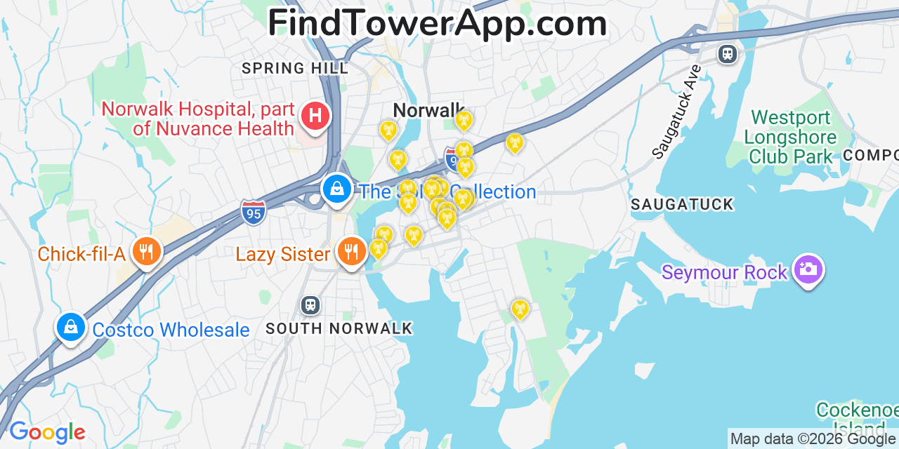 Map showing the 20 primary cell tower locations detected in East Norwalk, Connecticut from AT&T, Verizon, and T-Mobile networks