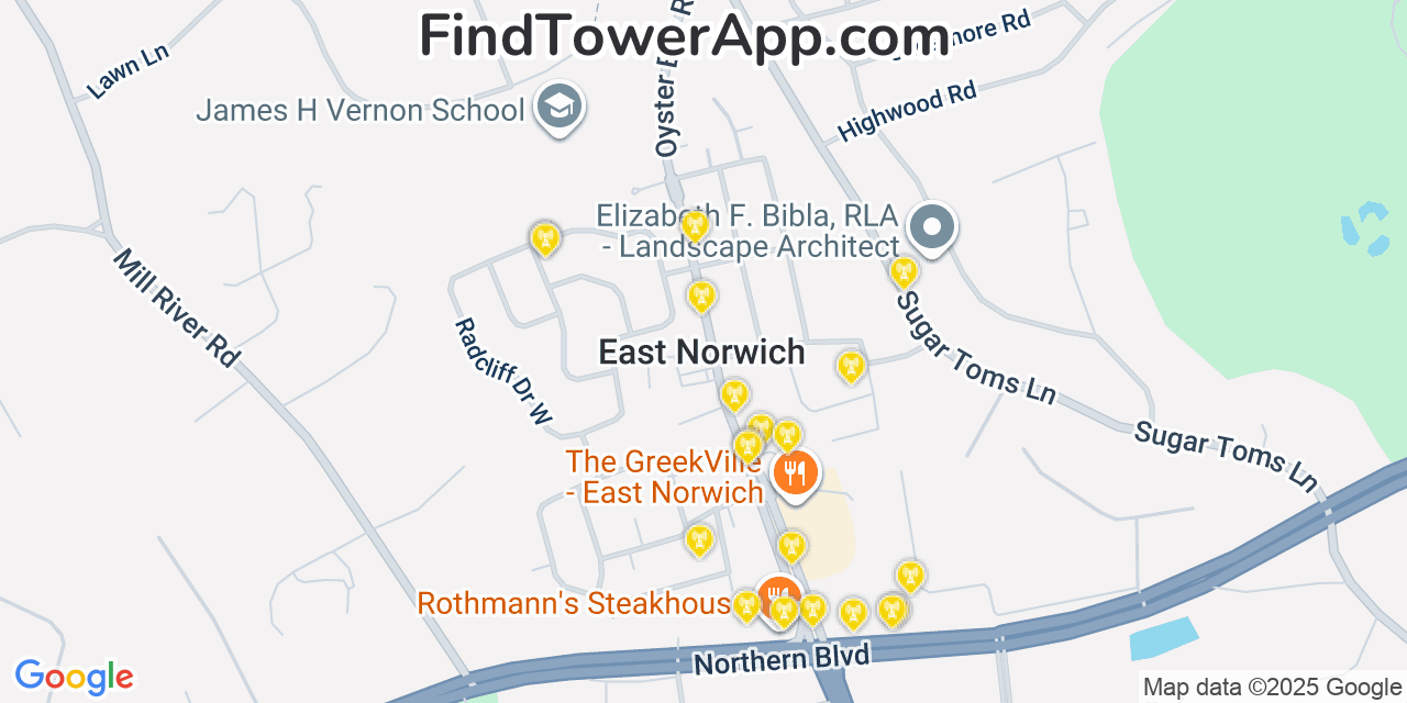 Map showing the 20 primary cell tower locations detected in East Norwich, New York from AT&T, Verizon, and T-Mobile networks