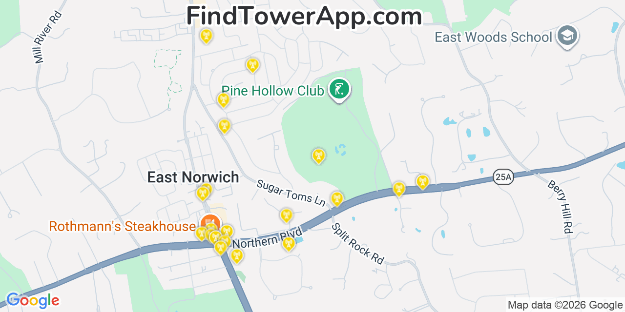 Map showing the 20 primary cell tower locations detected in East Norwich, New York from AT&T, Verizon, and T-Mobile networks