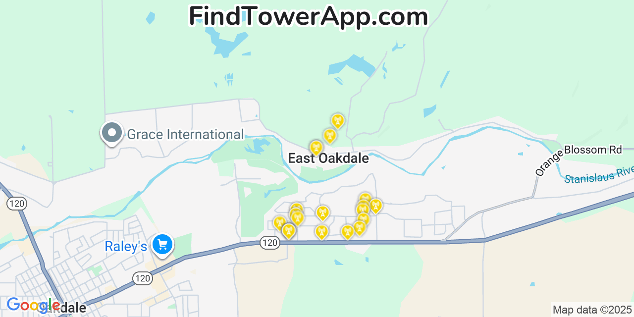 Map showing the 20 primary cell tower locations detected in East Oakdale, California from AT&T, Verizon, and T-Mobile networks