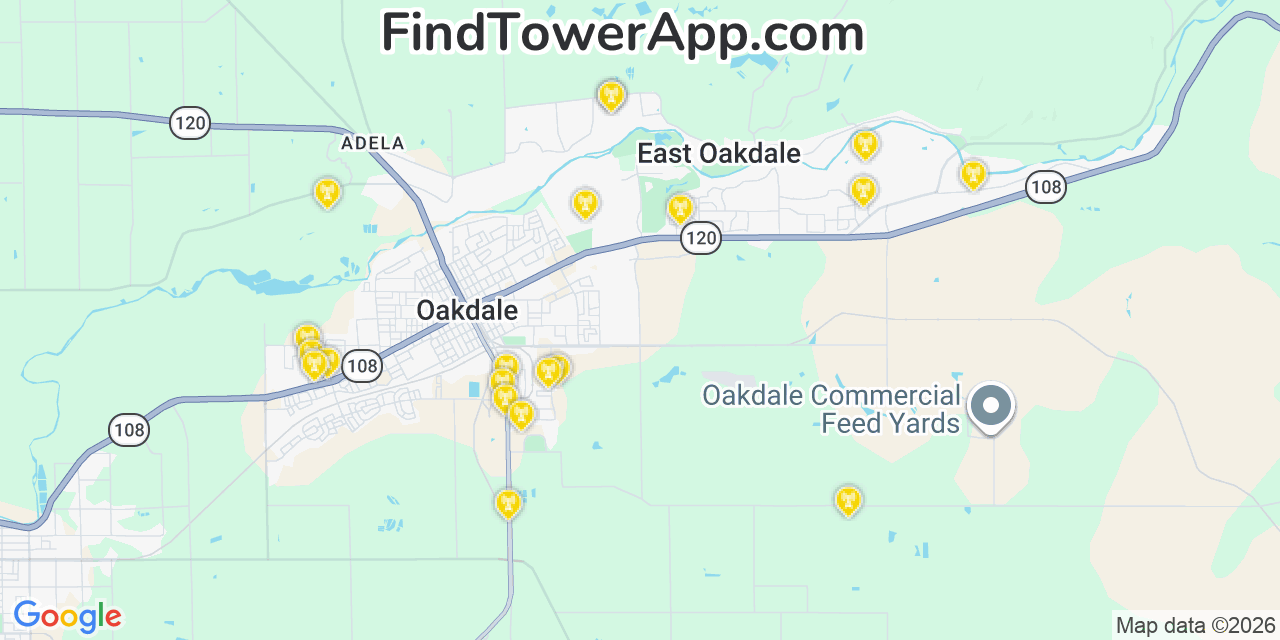 Map showing the 20 primary cell tower locations detected in East Oakdale, California from AT&T, Verizon, and T-Mobile networks