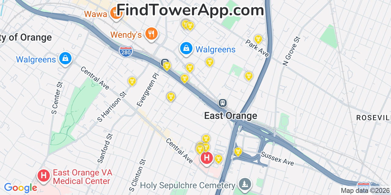 Map showing the 20 primary cell tower locations detected in East Orange, New Jersey from AT&T, Verizon, and T-Mobile networks