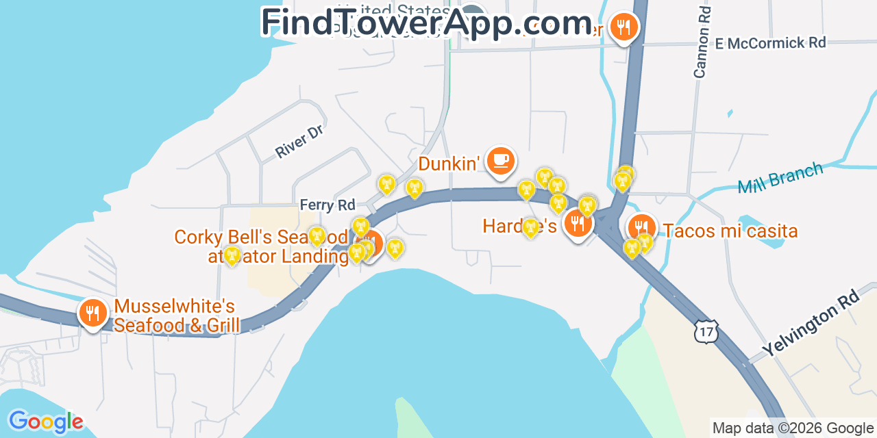 Map showing the 20 primary cell tower locations detected in East Palatka, Florida from AT&T, Verizon, and T-Mobile networks