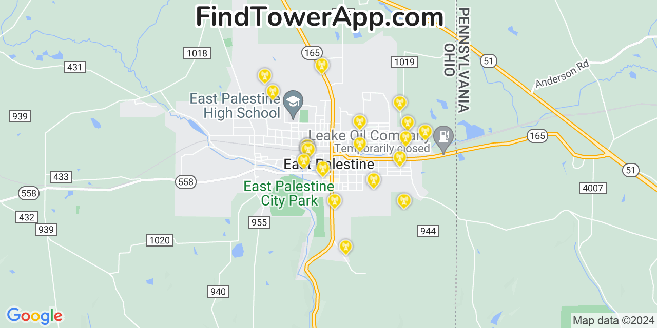 AT&T 4G/5G cell tower coverage map East Palestine, Ohio