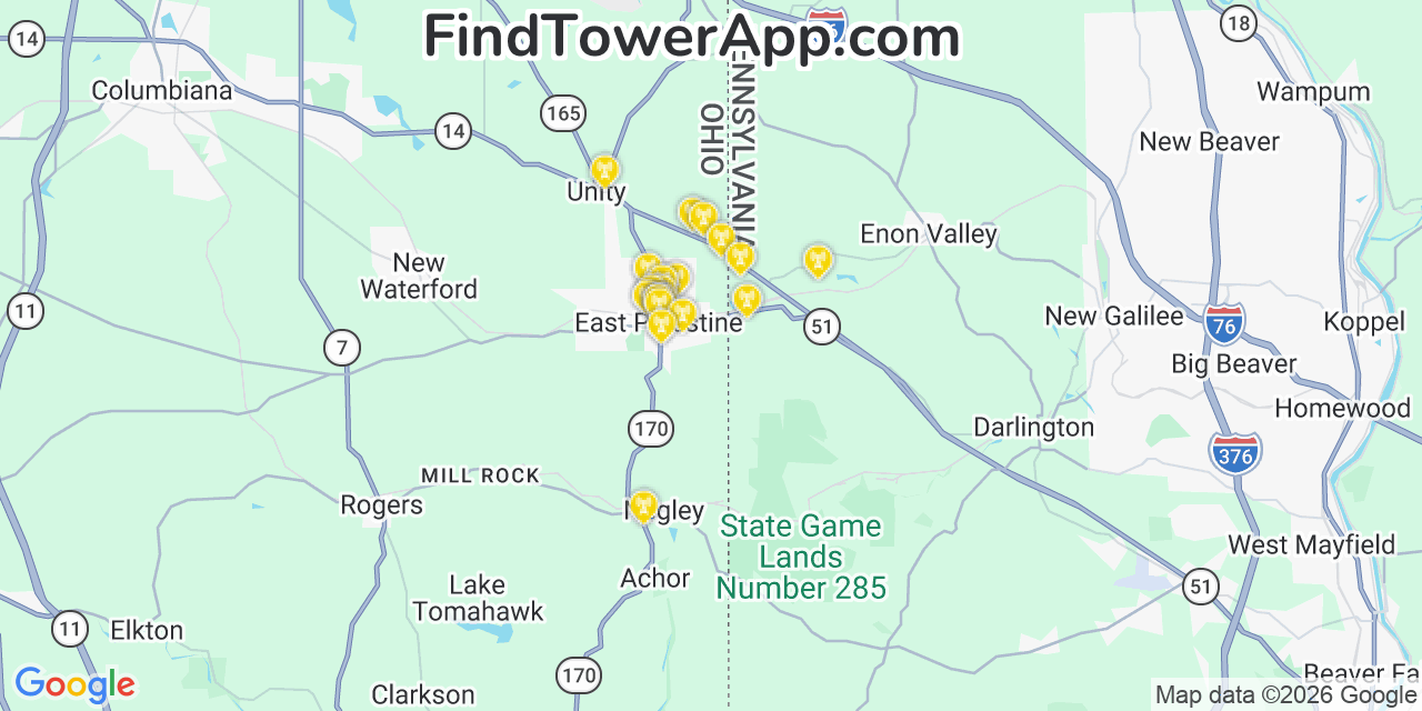 Map showing the 20 primary cell tower locations detected in East Palestine, Ohio from AT&T, Verizon, and T-Mobile networks