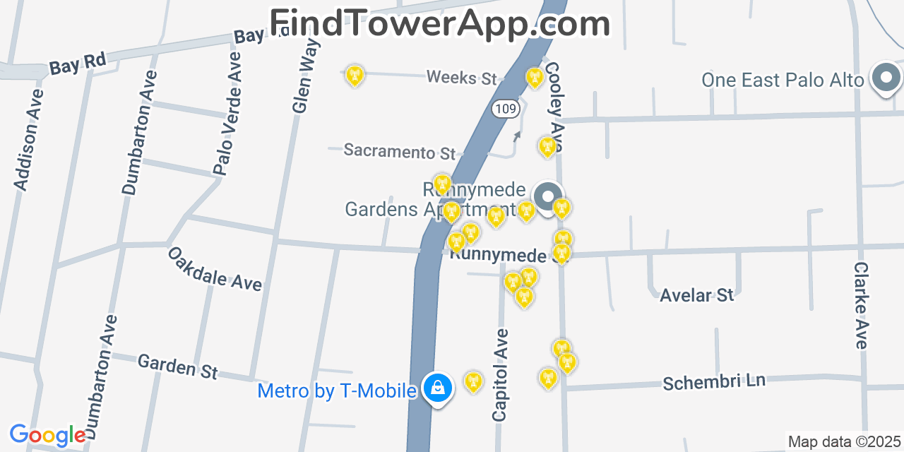 Map showing the 20 primary cell tower locations detected in East Palo Alto, California from AT&T, Verizon, and T-Mobile networks