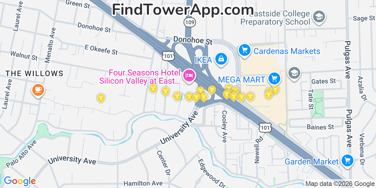 Map showing the 20 primary cell tower locations detected in East Palo Alto, California from AT&T, Verizon, and T-Mobile networks