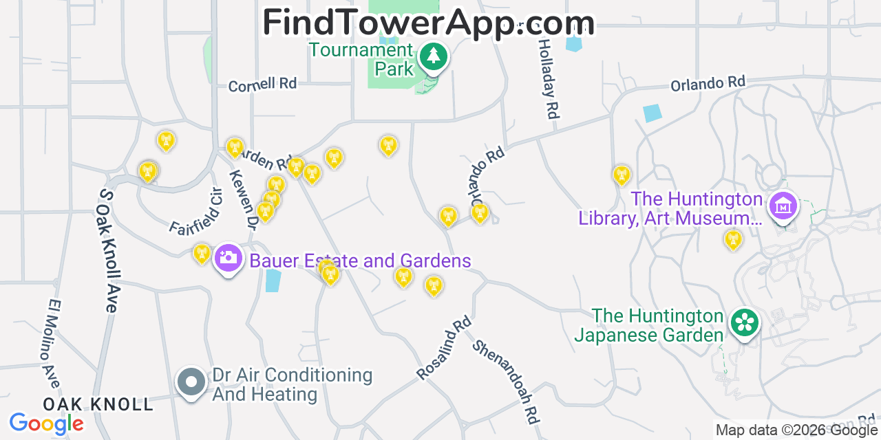 Map showing the 20 primary cell tower locations detected in East Pasadena, California from AT&T, Verizon, and T-Mobile networks