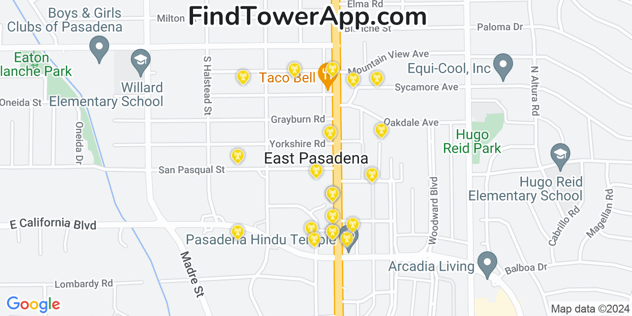 Verizon 4G/5G cell tower coverage map East Pasadena, California