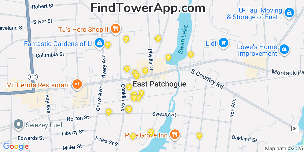 Map showing the 20 primary cell tower locations detected in East Patchogue, New York from AT&T, Verizon, and T-Mobile networks