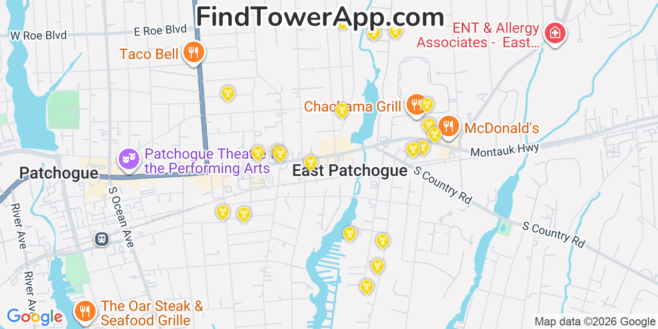 Map showing the 20 primary cell tower locations detected in East Patchogue, New York from AT&T, Verizon, and T-Mobile networks
