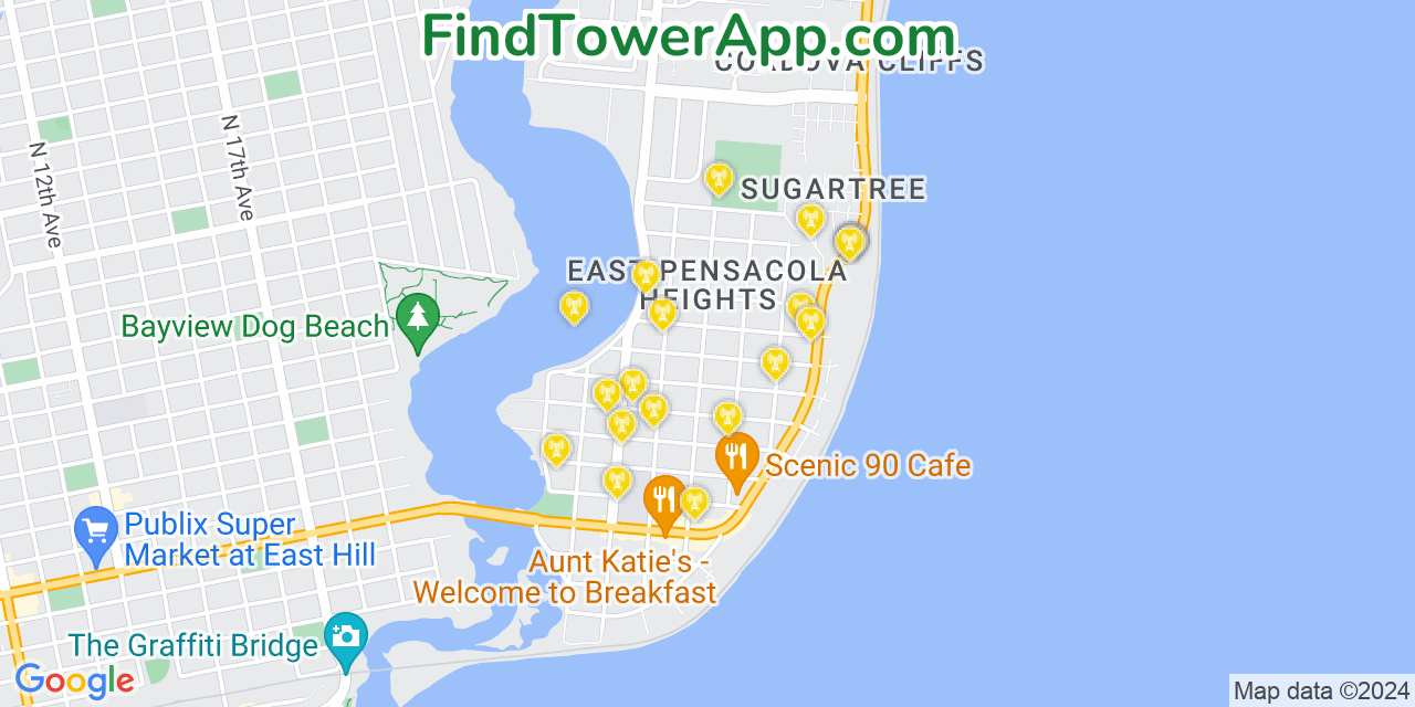 AT&T 4G/5G cell tower coverage map East Pensacola Heights, Florida