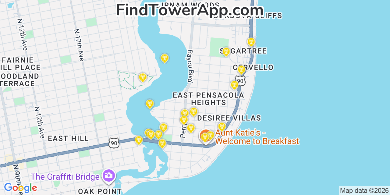 Map showing the 20 primary cell tower locations detected in East Pensacola Heights, Florida from AT&T, Verizon, and T-Mobile networks