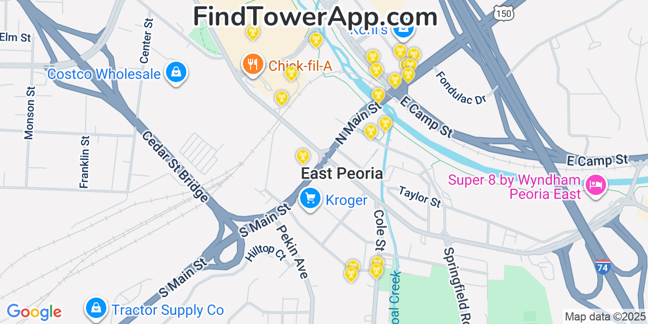 Map showing the 20 primary cell tower locations detected in East Peoria, Illinois from AT&T, Verizon, and T-Mobile networks