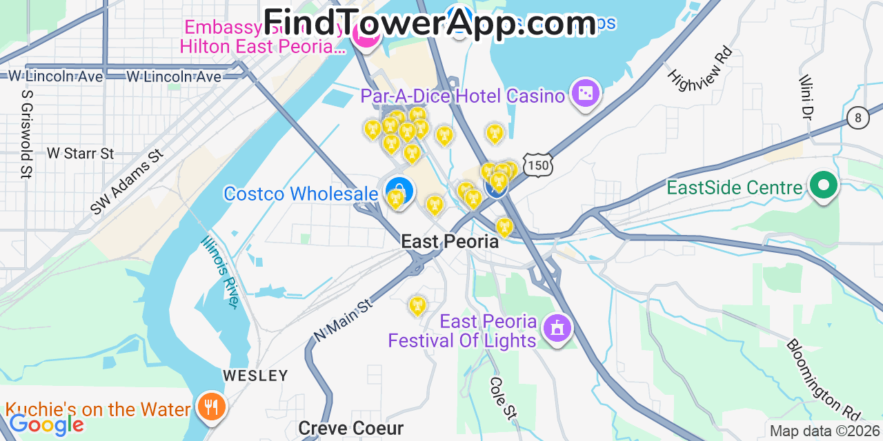 Map showing the 20 primary cell tower locations detected in East Peoria, Illinois from AT&T, Verizon, and T-Mobile networks