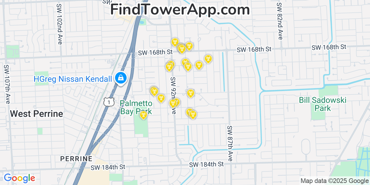 Map showing the 20 primary cell tower locations detected in East Perrine, Florida from AT&T, Verizon, and T-Mobile networks