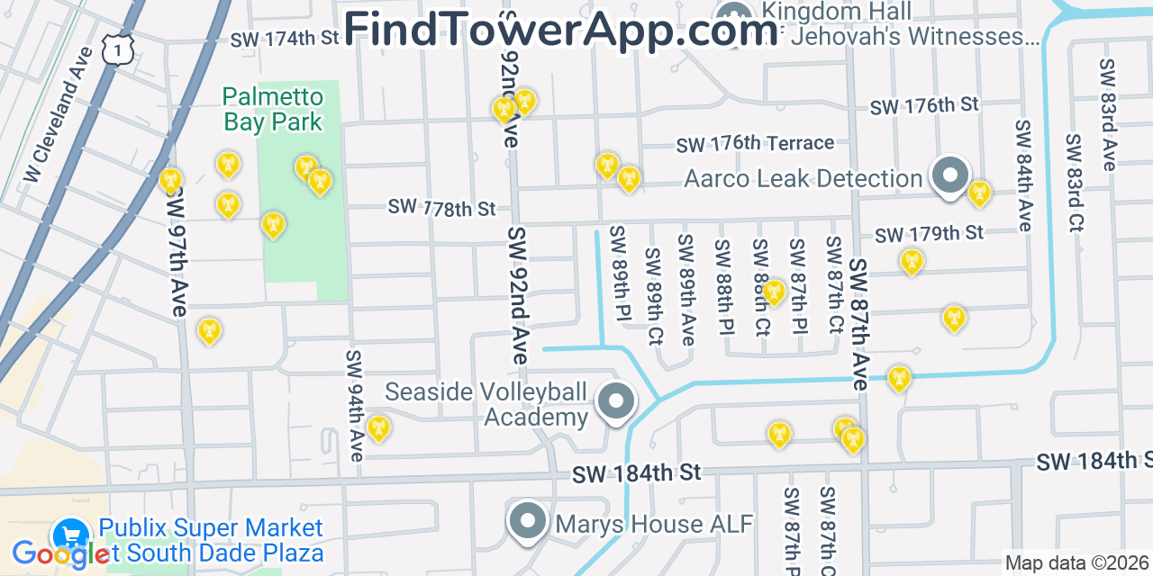 Map showing the 20 primary cell tower locations detected in East Perrine, Florida from AT&T, Verizon, and T-Mobile networks