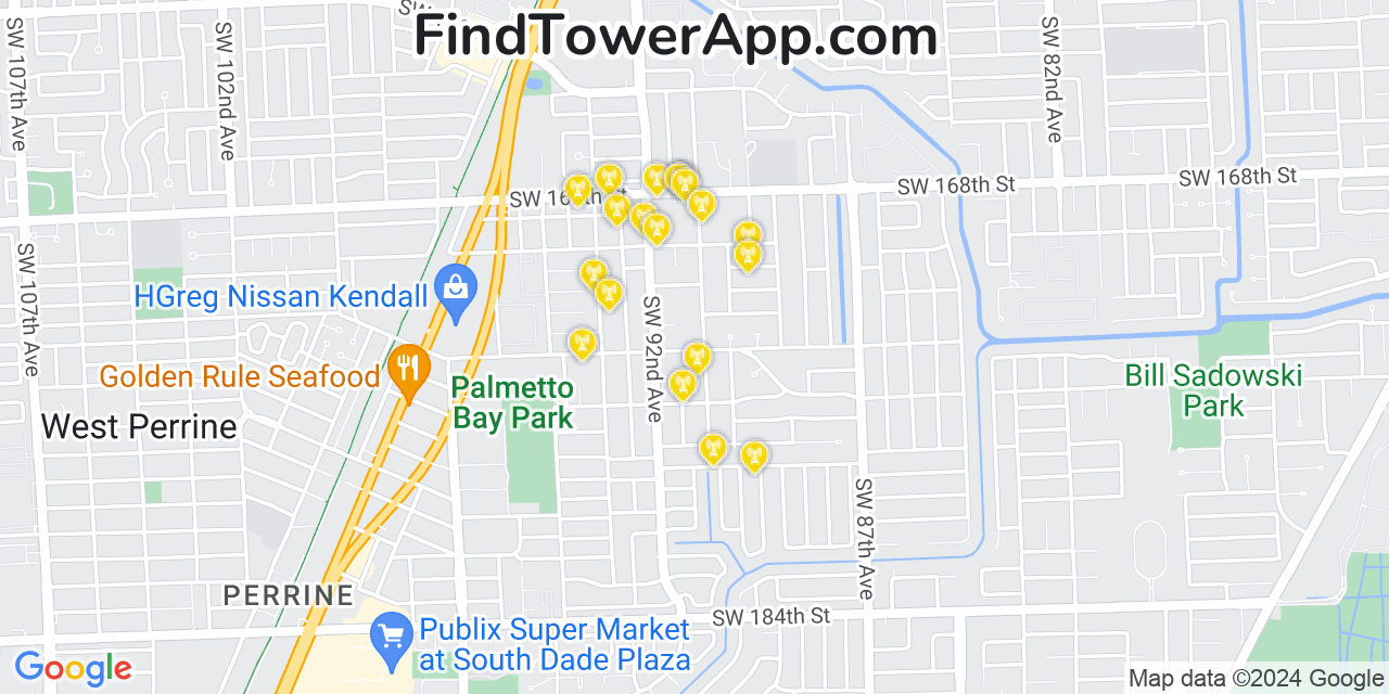 Verizon 4G/5G cell tower coverage map East Perrine, Florida