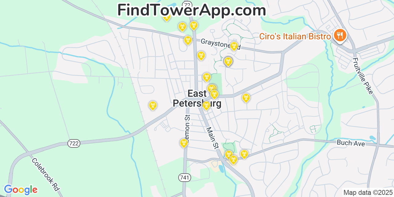 Map showing the 20 primary cell tower locations detected in East Petersburg, Pennsylvania from AT&T, Verizon, and T-Mobile networks