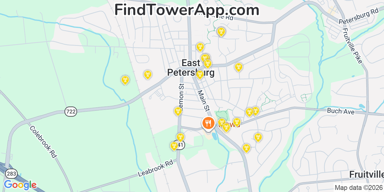 Map showing the 20 primary cell tower locations detected in East Petersburg, Pennsylvania from AT&T, Verizon, and T-Mobile networks
