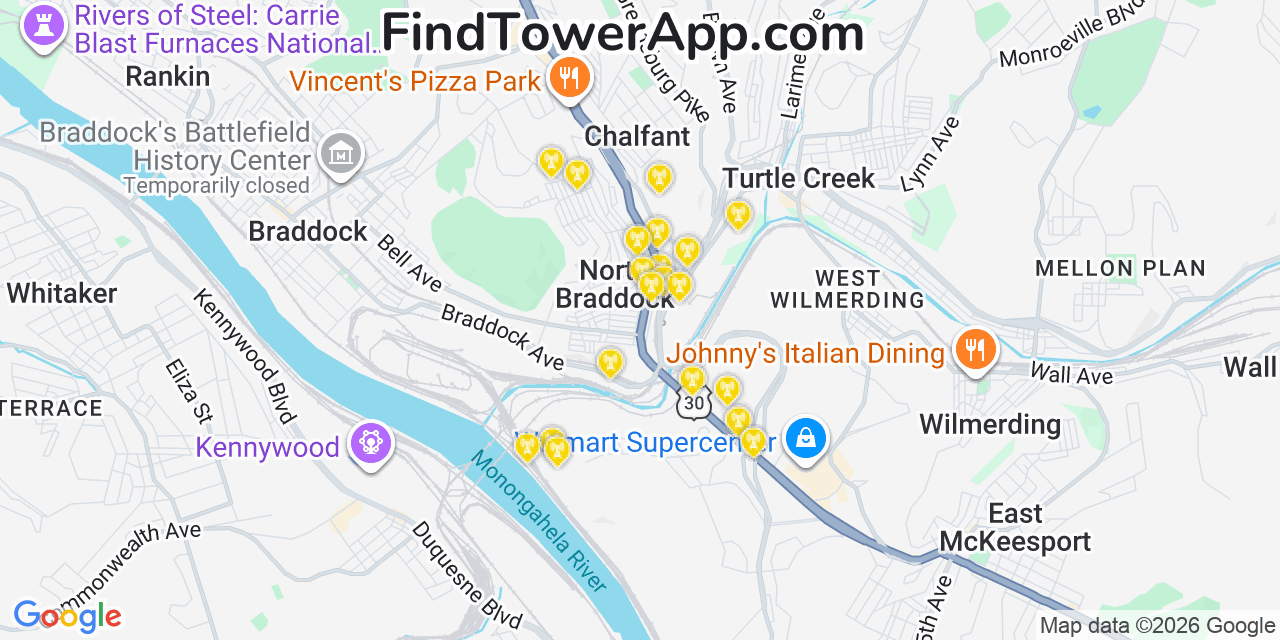 Map showing the 20 primary cell tower locations detected in East Pittsburgh, Pennsylvania from AT&T, Verizon, and T-Mobile networks