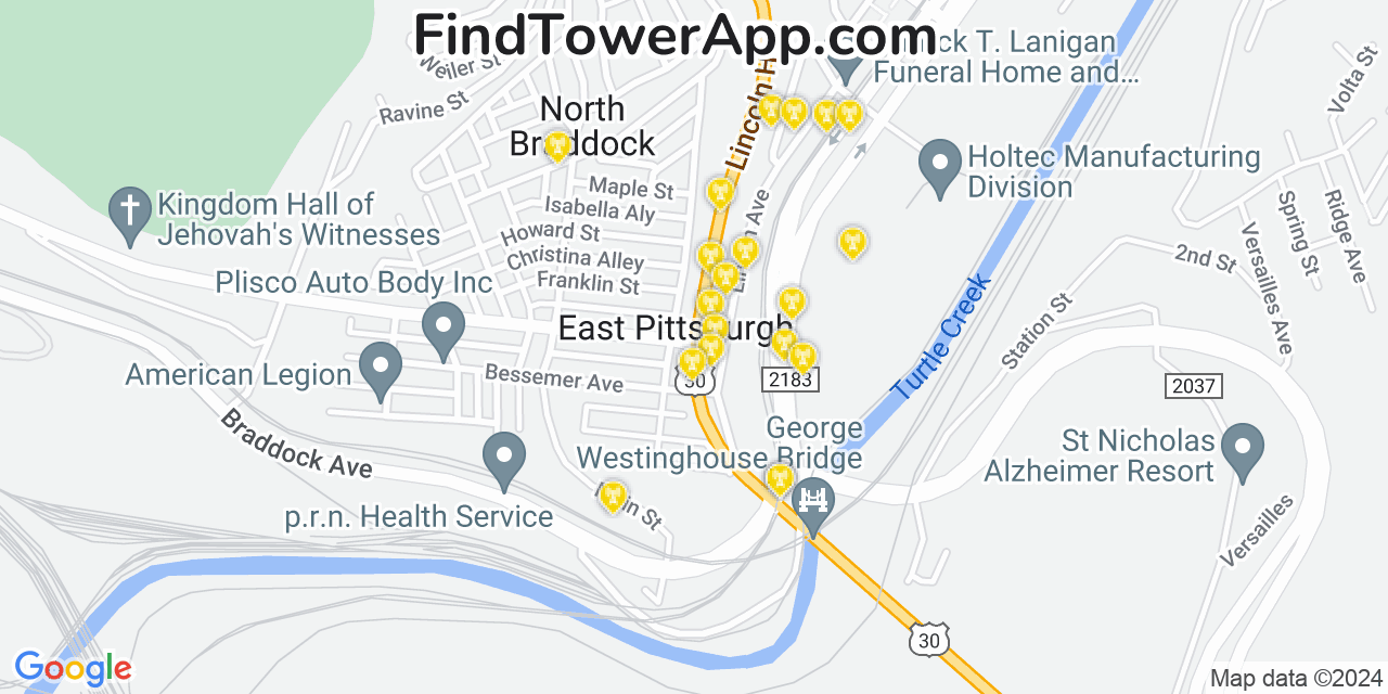 T-Mobile 4G/5G cell tower coverage map East Pittsburgh, Pennsylvania