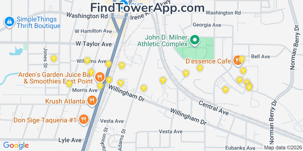 Map showing the 20 primary cell tower locations detected in East Point, Georgia from AT&T, Verizon, and T-Mobile networks