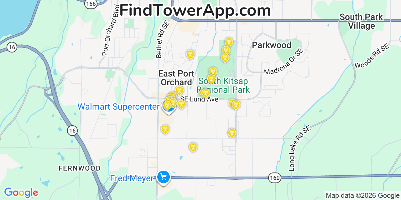 Map showing the 20 primary cell tower locations detected in East Port Orchard, Washington from AT&T, Verizon, and T-Mobile networks
