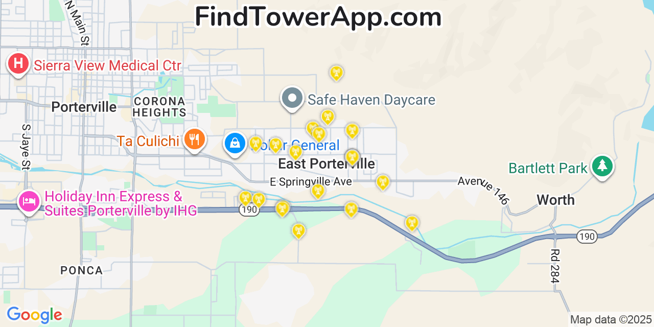 Map showing the 20 primary cell tower locations detected in East Porterville, California from AT&T, Verizon, and T-Mobile networks
