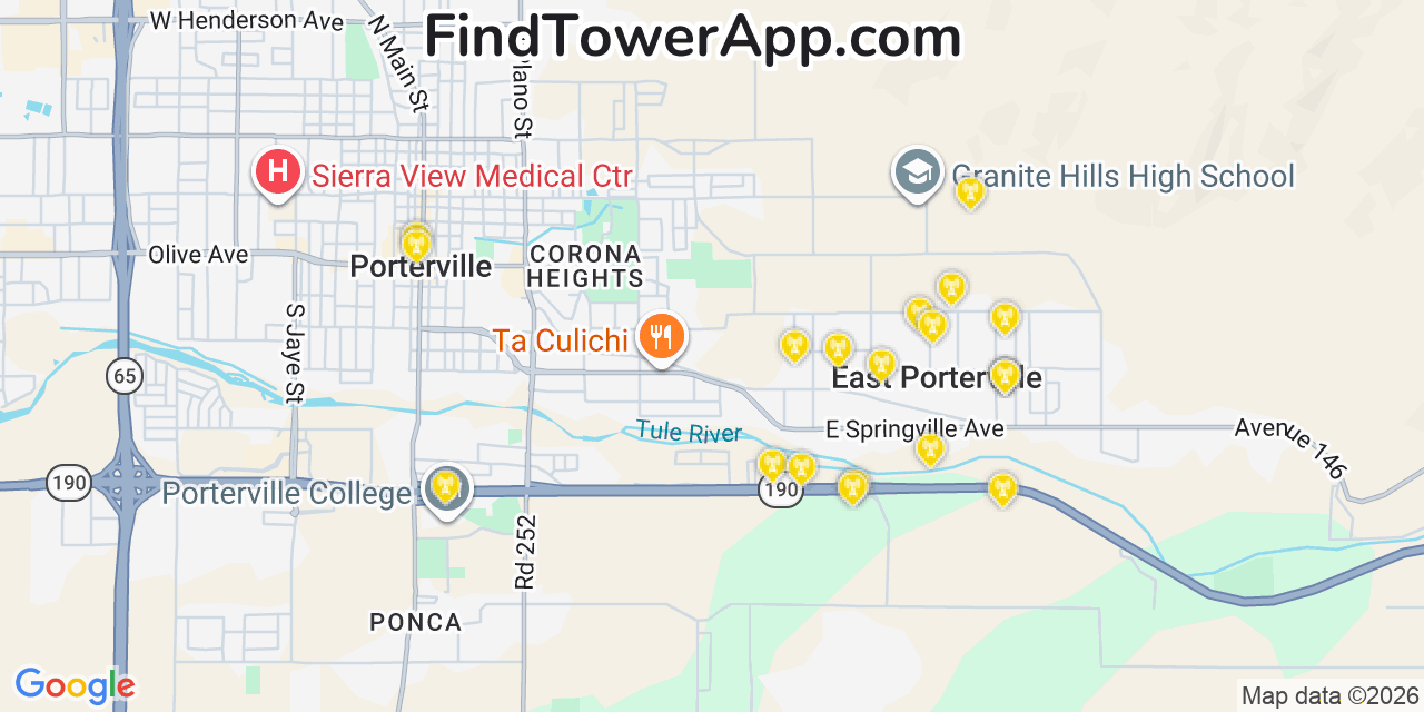 Map showing the 20 primary cell tower locations detected in East Porterville, California from AT&T, Verizon, and T-Mobile networks