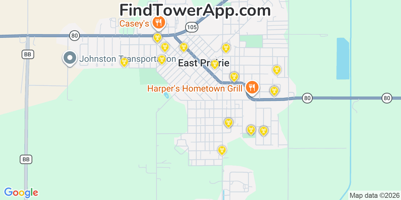 Map showing the 20 primary cell tower locations detected in East Prairie, Missouri from AT&T, Verizon, and T-Mobile networks