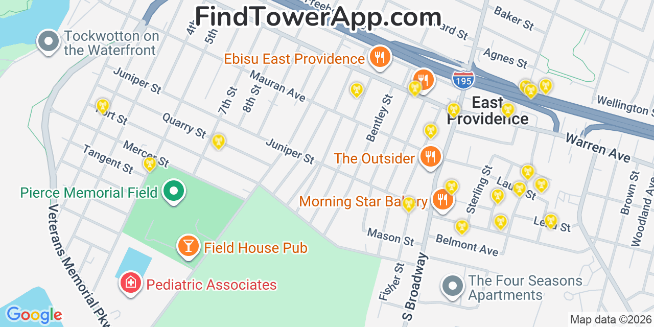 Map showing the 20 primary cell tower locations detected in East Providence, Rhode Island from AT&T, Verizon, and T-Mobile networks