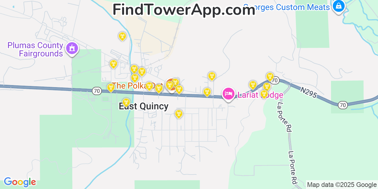 Map showing the 20 primary cell tower locations detected in East Quincy, California from AT&T, Verizon, and T-Mobile networks