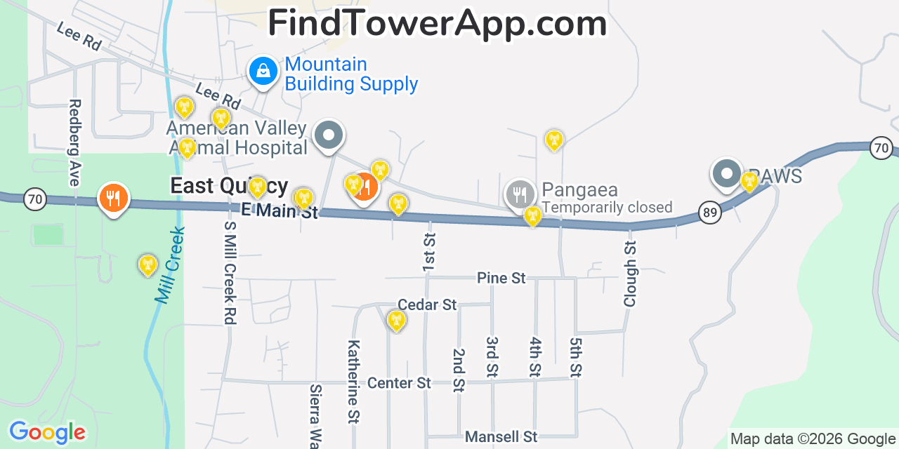 Map showing the 20 primary cell tower locations detected in East Quincy, California from AT&T, Verizon, and T-Mobile networks