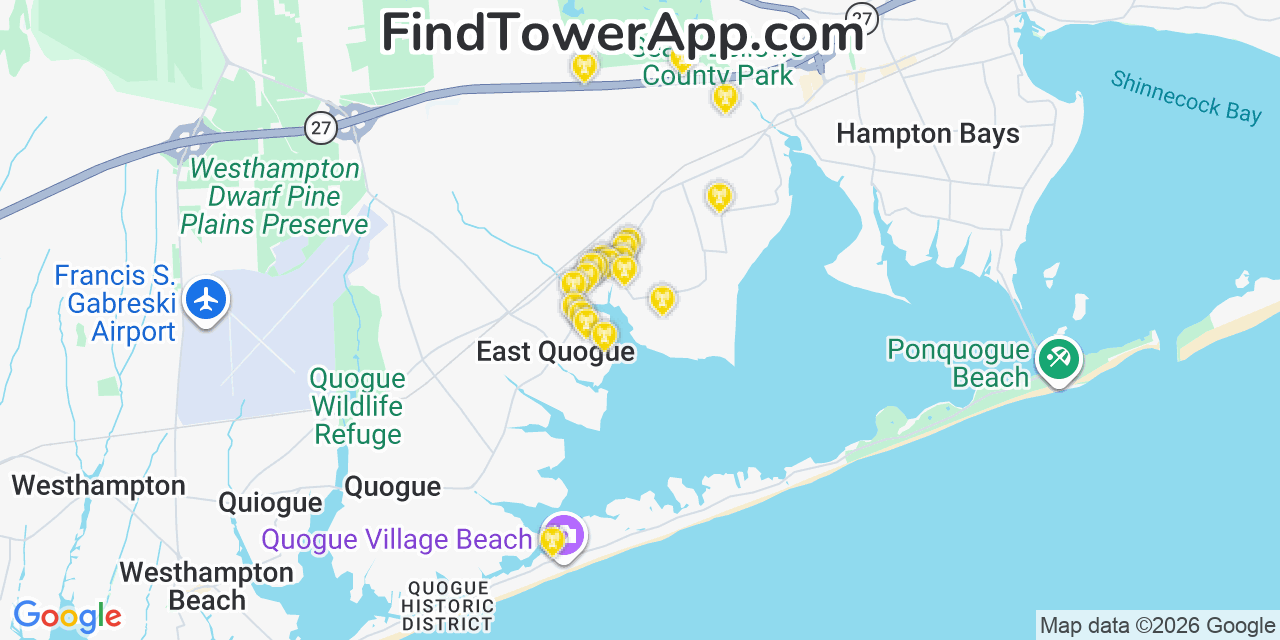 Map showing the 20 primary cell tower locations detected in East Quogue, New York from AT&T, Verizon, and T-Mobile networks