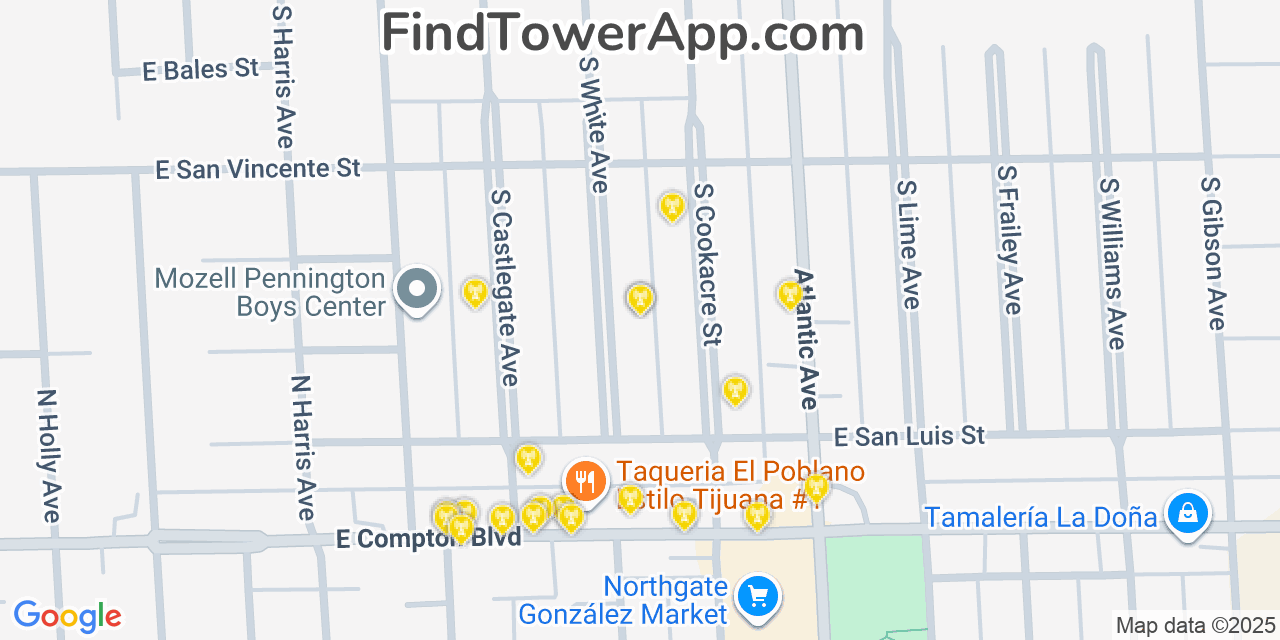 Map showing the 20 primary cell tower locations detected in East Rancho Dominguez, California from AT&T, Verizon, and T-Mobile networks