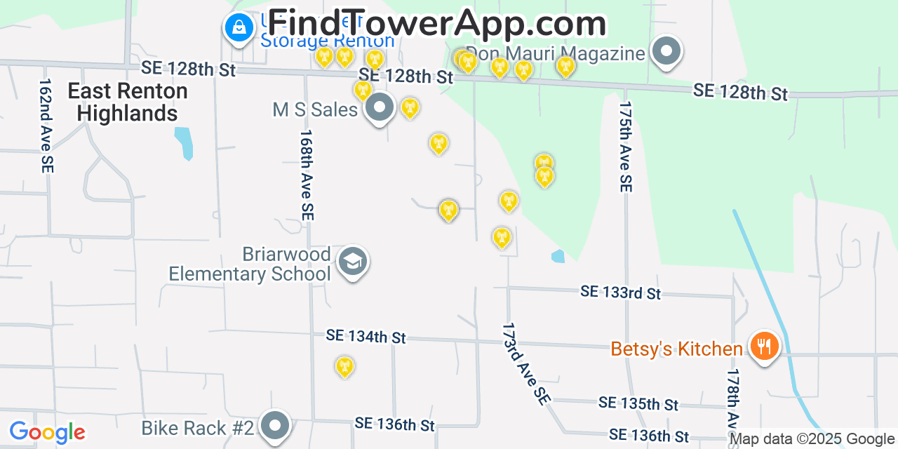 Map showing the 20 primary cell tower locations detected in East Renton Highlands, Washington from AT&T, Verizon, and T-Mobile networks