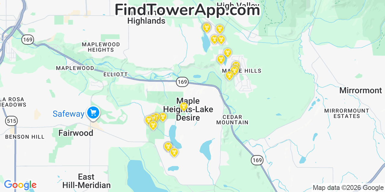 Map showing the 20 primary cell tower locations detected in East Renton Highlands, Washington from AT&T, Verizon, and T-Mobile networks