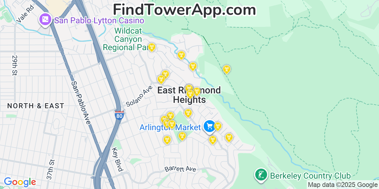 Map showing the 20 primary cell tower locations detected in East Richmond Heights, California from AT&T, Verizon, and T-Mobile networks