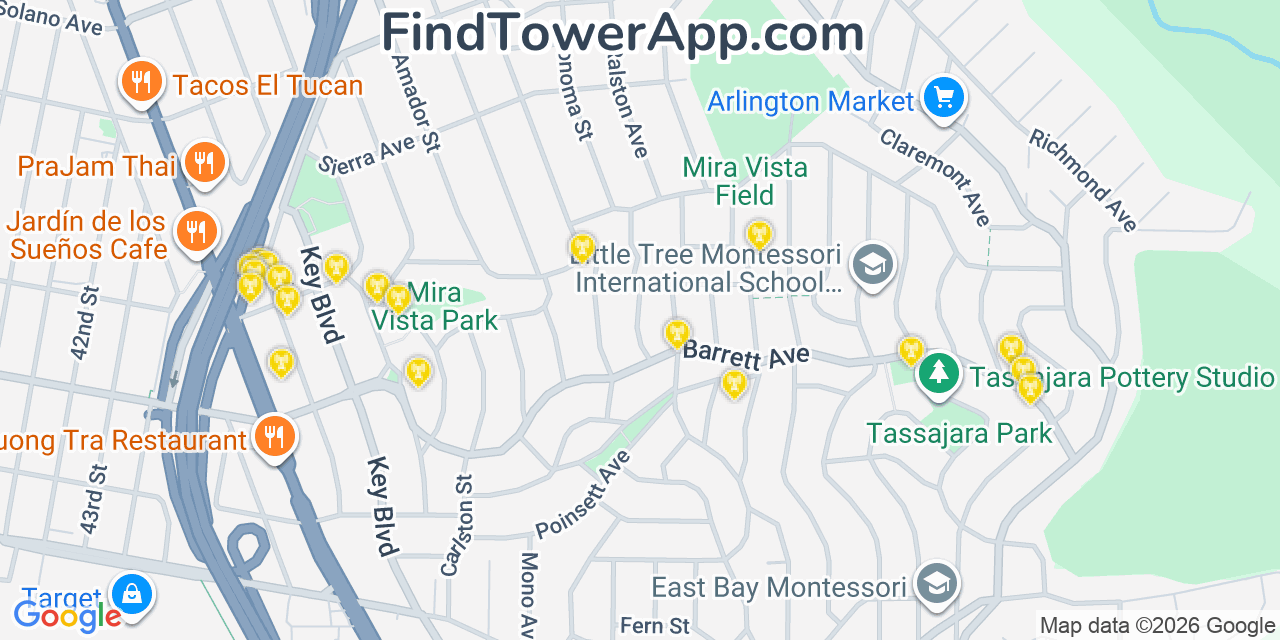 Map showing the 20 primary cell tower locations detected in East Richmond Heights, California from AT&T, Verizon, and T-Mobile networks