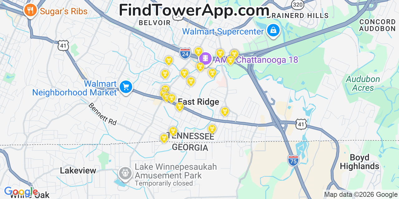 Map showing the 20 primary cell tower locations detected in East Ridge, Tennessee from AT&T, Verizon, and T-Mobile networks