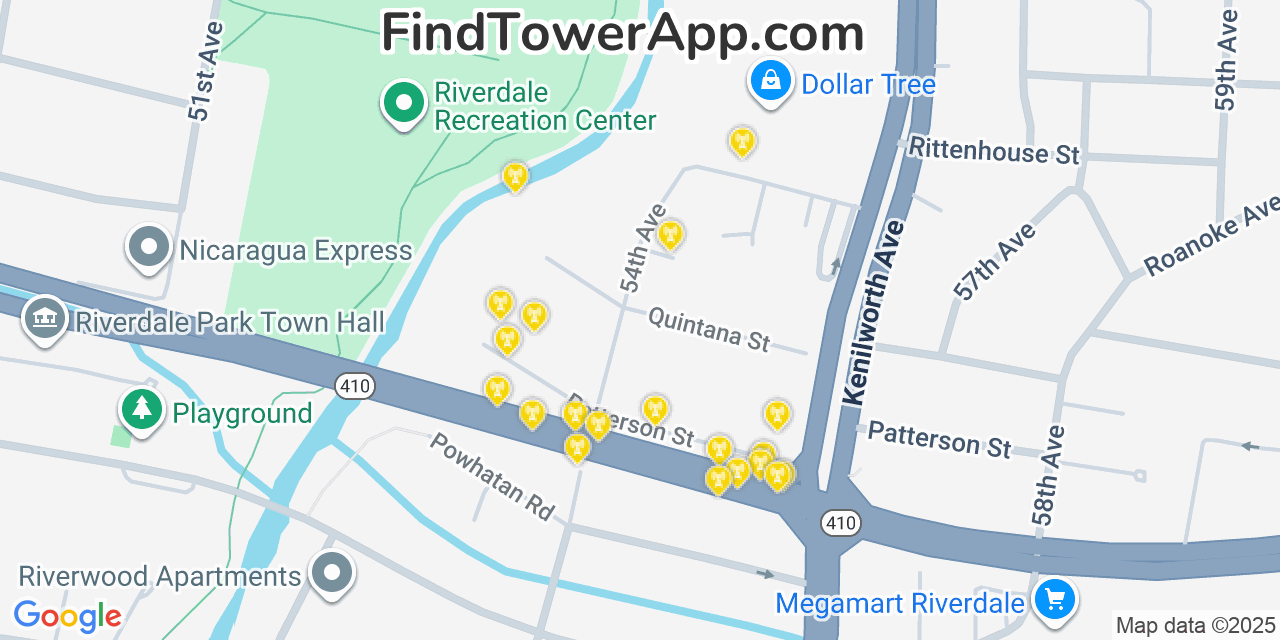Map showing the 20 primary cell tower locations detected in East Riverdale, Maryland from AT&T, Verizon, and T-Mobile networks