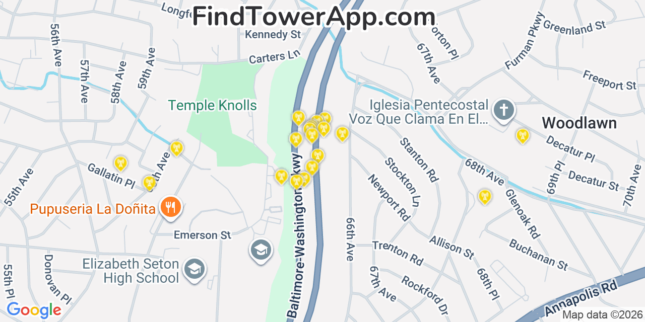 Map showing the 20 primary cell tower locations detected in East Riverdale, Maryland from AT&T, Verizon, and T-Mobile networks