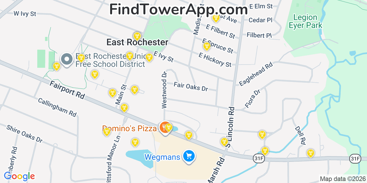 Map showing the 20 primary cell tower locations detected in East Rochester, New York from AT&T, Verizon, and T-Mobile networks