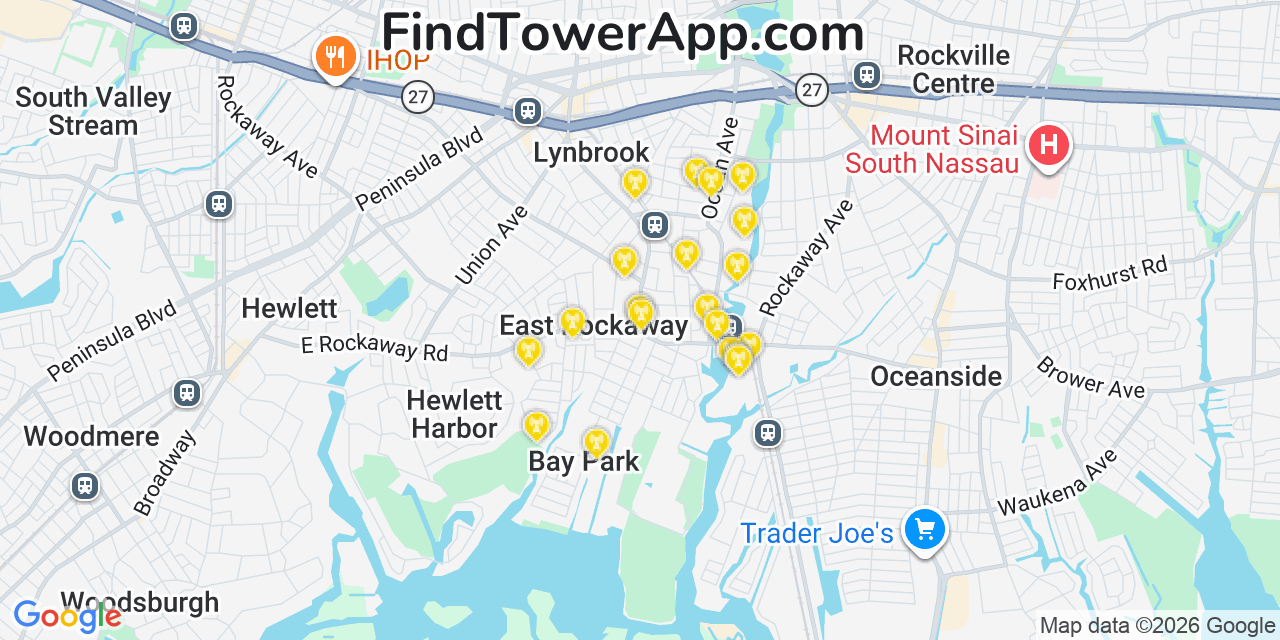 Map showing the 20 primary cell tower locations detected in East Rockaway, New York from AT&T, Verizon, and T-Mobile networks