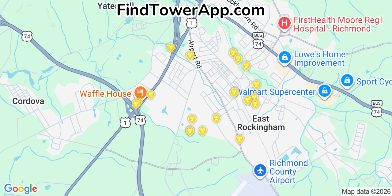 Map showing the 20 primary cell tower locations detected in East Rockingham, North Carolina from AT&T, Verizon, and T-Mobile networks