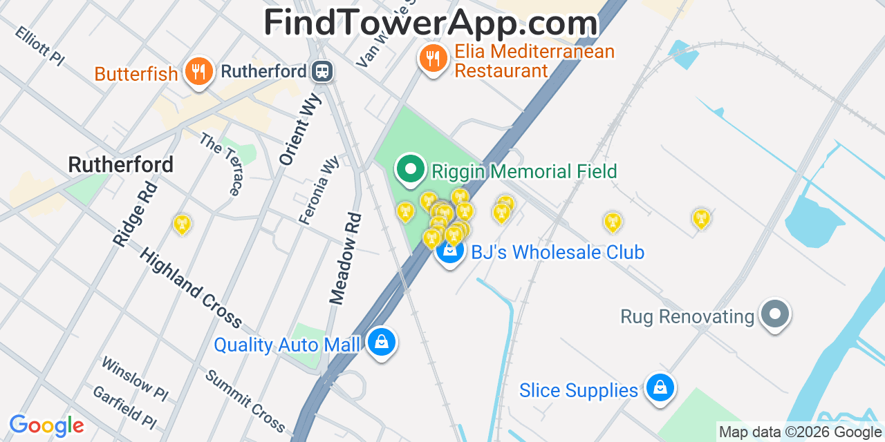 Map showing the 20 primary cell tower locations detected in East Rutherford, New Jersey from AT&T, Verizon, and T-Mobile networks