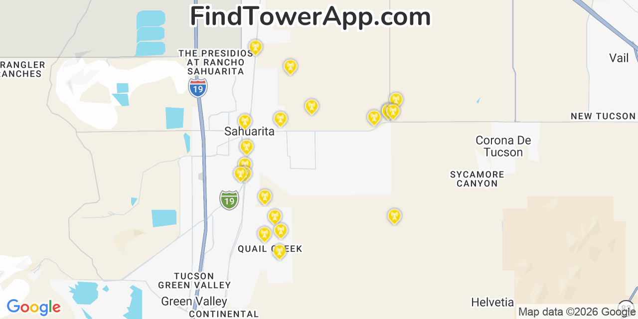 Map showing the 20 primary cell tower locations detected in East Sahuarita, Arizona from AT&T, Verizon, and T-Mobile networks