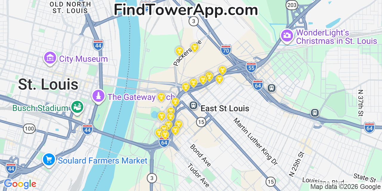 Map showing the 20 primary cell tower locations detected in East Saint Louis, Illinois from AT&T, Verizon, and T-Mobile networks